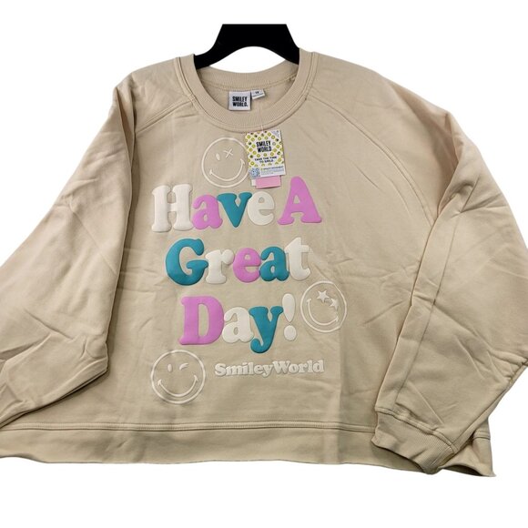 Smiley World Womens Great Day Smiley World Graphic Sweatshirt Beige 1X - Picture 1 of 9